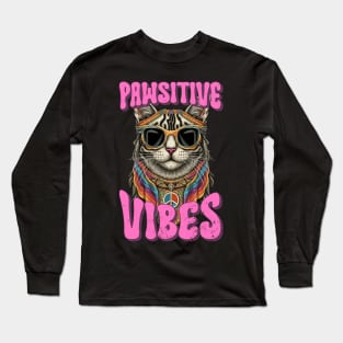 Pawsitive Vibes, Retro Groovy Style Hippie Cat Lover Design Long Sleeve T-Shirt